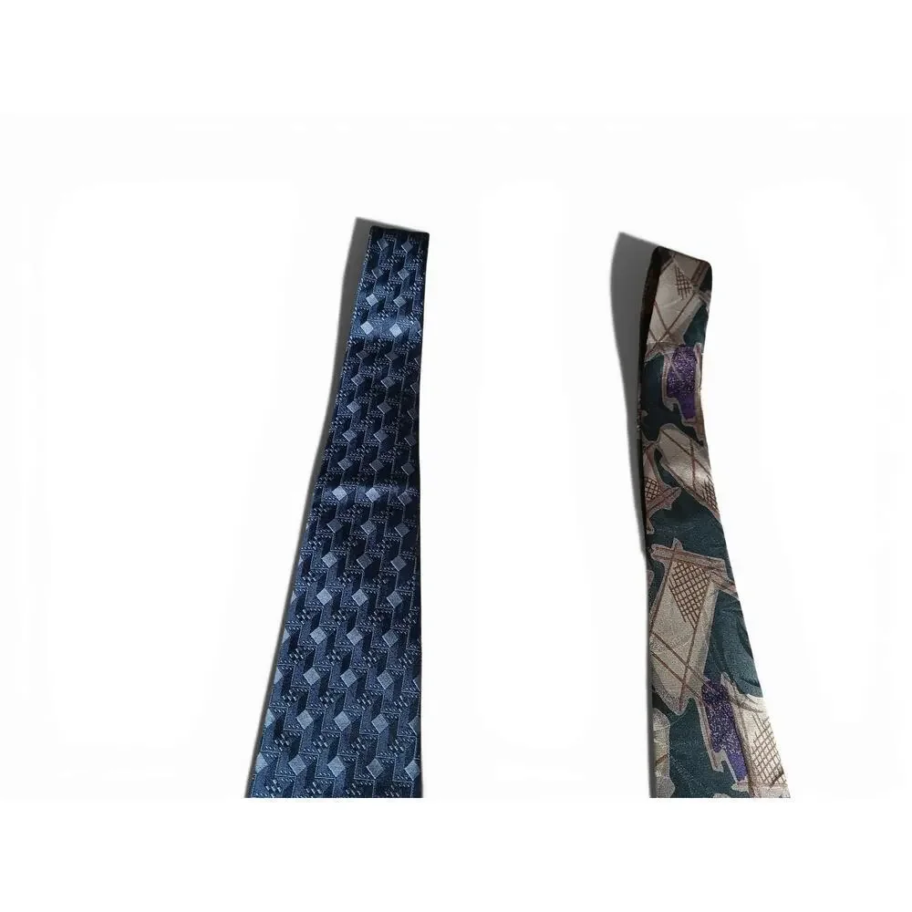 Calvin Klein 100% Silk Tie Lot 2pc Blue Geometric & Abstract Print 56”
